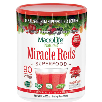 MacroLife Naturals Miracle Reds Superfood Powder – 19 Superfruits, Probiotics & Enzymes, 30oz (90 Servings)