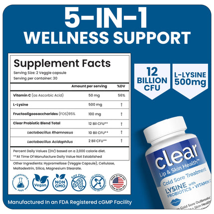 Clear Probiotics Lysine Capsules with Prebiotics & Vitamin C | 1 Month Supply