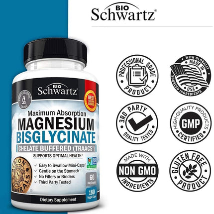 Magnesium Bisglycinate Chelated Supplement – High-Absorption for Muscle, Bone & Joint Support (180 Capsules)