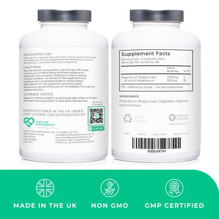 Magnesium Glycinate (Bisglycinate) | Chelated Magnesium Supplement | 303mg Mg per Capsule | 240 Capsules | UK Made