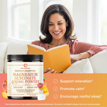 Magnesium Glycinate Powder 400MG – Sleep & Relaxation Support | Peach Mango Flavor Drink | 225g (30 Servings) | Vegan, Gluten-Free, Non-GMO
