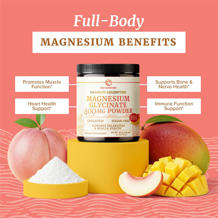 Magnesium Glycinate Powder 400MG – Sleep & Relaxation Support | Peach Mango Flavor Drink | 225g (30 Servings) | Vegan, Gluten-Free, Non-GMO