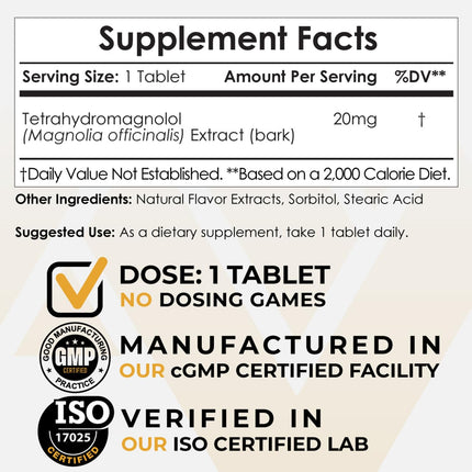 Nootropics Depot Tetrahydromagnolol 20mg Quick-Dissolve Tablets | Magnolia Bark | 60 Count