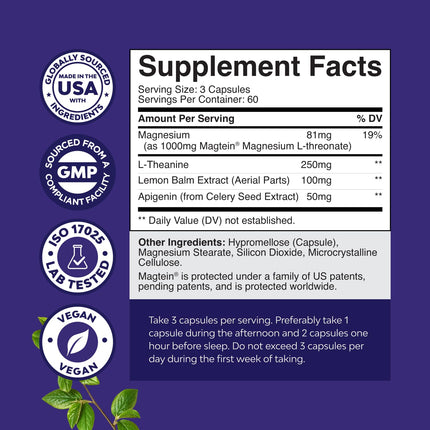 High Absorption Magnesium Sleep Supplement - Magtein L-Threonate + Apigenin Theanine for Rest (180 Ct)