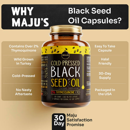 Maju Superfoods Black Seed Oil Capsules – 120 Count, 500mg, Cold-Pressed Nigella Sativa, 2% Thymoquinone, Organic Turkish Black Cumin