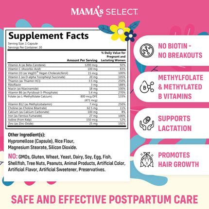 Mama's Select Postnatal Vitamins – Boosts Hair Recovery, Milk Supply, & Wellness – Allergen-Free, Vegan, MTHFR Friendly, Methylated Folate & B Vitamins, Easy-to-Swallow, No Biotin - 30 Capsules
