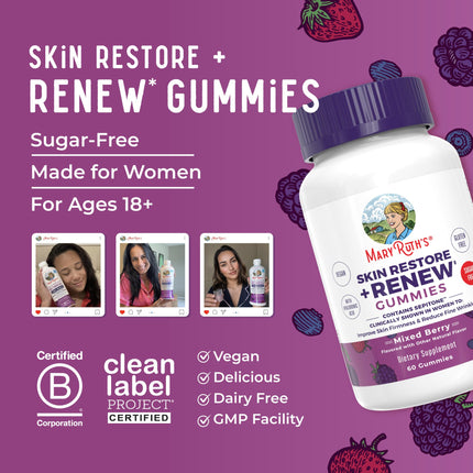MaryRuth's Skin Restore + Renew Gummies with Hyaluronic Acid – Hydration, Elasticity & Skin Support | Vegan, Non-GMO | 60 Gummies