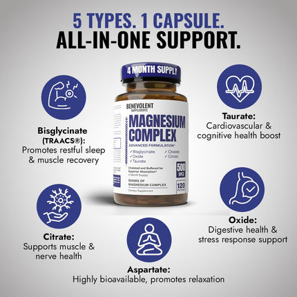 Magnesium Complex Supplement – 4 Month Supply (120 Capsules, 500mg) 5-in-1 Max Absorption for Calm, Sleep & Leg Cramps