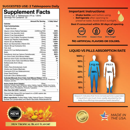 Tropical Oasis Mega Premium Liquid Multivitamin – 1333% Vitamin C, 200% Vitamin D3, Zinc | 32 Servings | Sugar Free | Orange