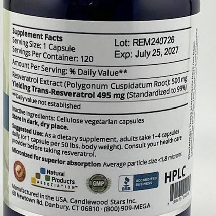 Mega Resveratrol – Pharmaceutical Grade 99% Pure, Micronized Trans-Resveratrol, 500mg Capsule, 120 Veggie Caps