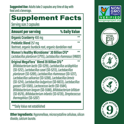 MegaFood MegaFlora Probiotics for Women – 50B CFU, 14 Strains, Cranberry, 90 Veg Capsules