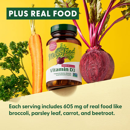 MegaFood Vitamin D3 2000 IU (50 mcg) – Real Food Vitamin D, Immune & Bone Support | Vegetarian, Non-GMO, Kosher | 90 Tablets