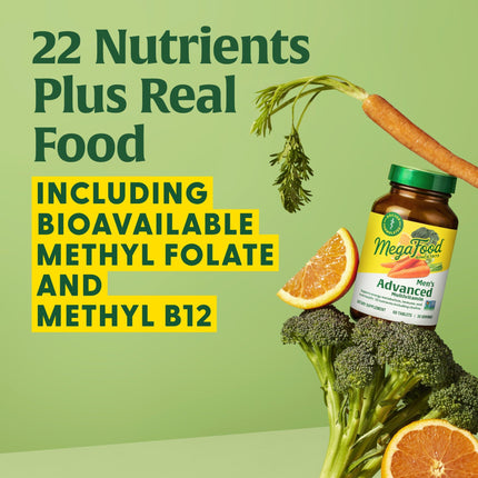MegaFood Men's Advanced Multivitamin – Doctor-Formulated with Choline, B12, D, C & Zinc – Non-GMO, Vegetarian – 60 Tabs (30 Servings)