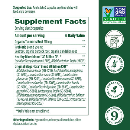 MegaFood MegaFlora Probiotics + Prebiotics Turmeric - Digestive Health, 50B CFU, 14 Strains, 60 Capsules