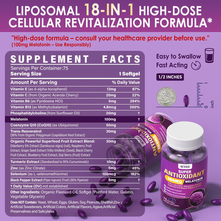 Melatonin 100mg Liposomal – Antioxidant & Cognitive Health, 75 Softgels