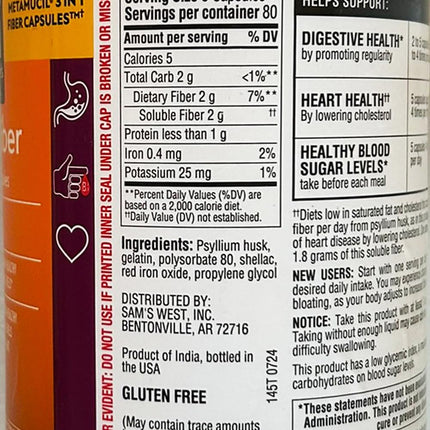 Member's Mark Fiber Capsules 2Pack (400 Count) – Psyllium Husk, Doctor-Recommended Fiber Supplement