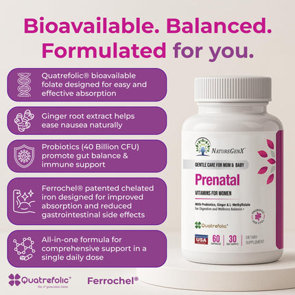 NatureGenX Methyl Prenatal with Probiotics – Vegan Prenatal Vitamins (60 Capsules)