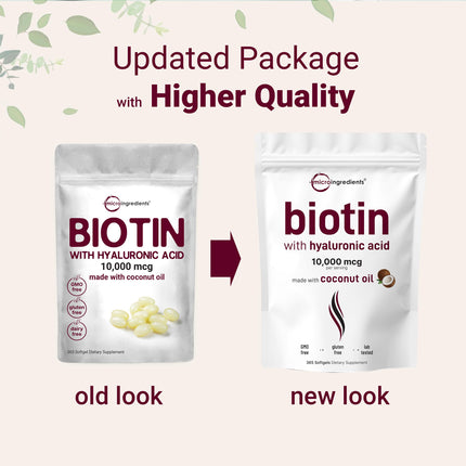 Biotin 10,000mcg + Hyaluronic Acid 25mg Softgels | Virgin Coconut Oil 365-Count