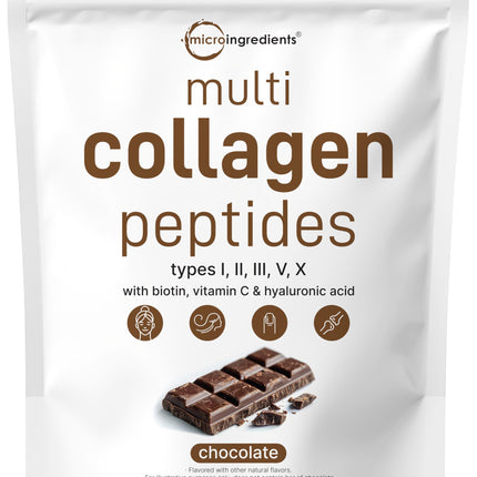 Micro Ingredients Multi Collagen Peptides Powder, 2lb | Type I, II, III, V, X + Biotin, Vitamin C & Hyaluronic Acid | Chocolate Flavor | Keto, Non-GMO