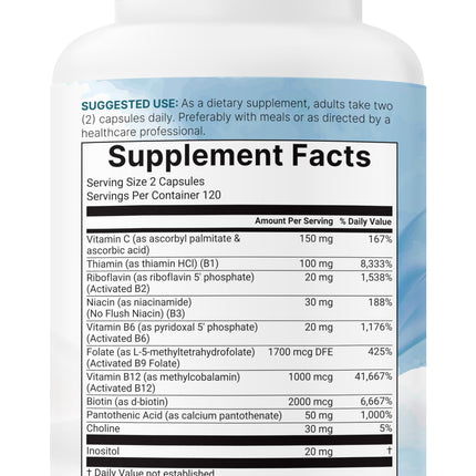 Micro Ingredients 2 Pack Pure Methylated B Complex, 480 Capsules | 11-in-1 Vitamin B Formula + Vitamin C | Non-GMO