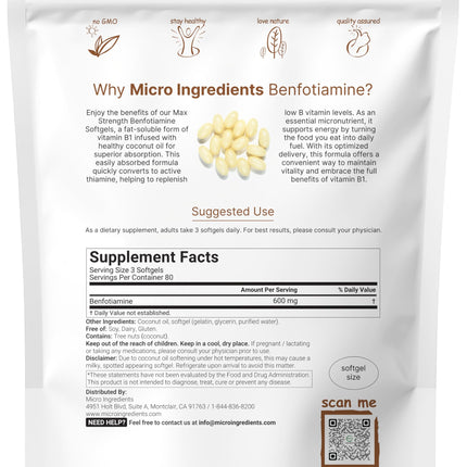 Micro Ingredients Vitamin B1 Benfotiamine 600mg Softgels – Bioavailable B1, Non-GMO, Soy Free