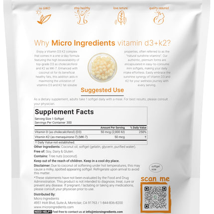 Micro Ingredients Vitamin D3 2,000 IU + K2 MK-7 50 mcg Softgels | Virgin Coconut Oil | 2-in-1 Bone, Immune & Heart Support