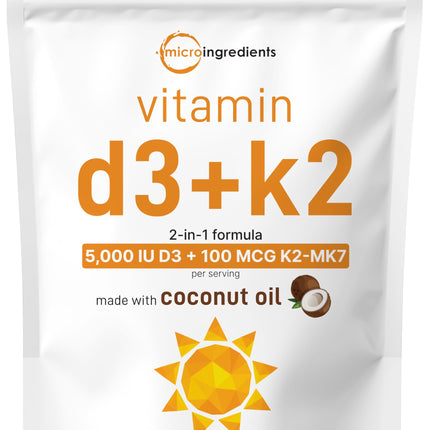 Vitamin D3 5000 IU + K2 MK-7 100 mcg – 300 Softgels, Virgin Coconut Oil