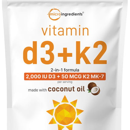 Micro Ingredients Vitamin D3 2,000 IU + K2 MK-7 50 mcg Softgels | Virgin Coconut Oil | 2-in-1 Bone, Immune & Heart Support