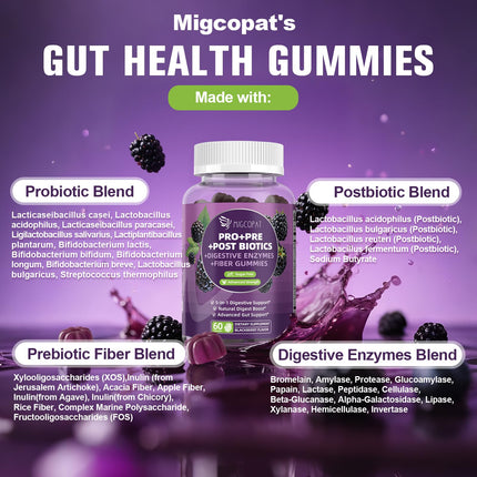Migcopat Pre Post Probiotics Gummies – 5 in 1 Digestive Support, Blackberry Flavor, 120B CFU, Sugar Free & Vegan | 120 Ct