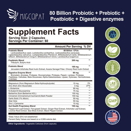 Migcopat Probiotics for Digestive Health – 80B CFU, Prebiotics, Postbiotics & Digestive Enzymes