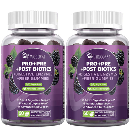 Migcopat Pre Post Probiotics Gummies – 5 in 1 Digestive Support, Blackberry Flavor, 120B CFU, Sugar Free & Vegan | 120 Ct