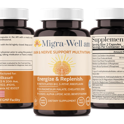 Wellkasa Migra-Well AM: Energizing Methylated Multivitamin – Brain & Nerve Health (No Iron, 60 Caps)