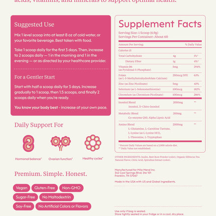 milamend Hormone Balance for Women 40:1 Myo-Inositol D-Chiro Inositol + CoQ10 – Cycle & Fertility Support (30-Day Hibiscus Tea Powder)