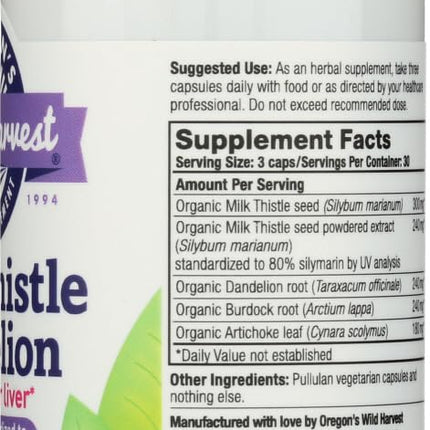 Oregon's Wild Harvest Milk Thistle Dandelion – 80% Silymarins (90 Capsules)