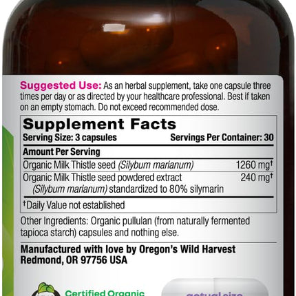Oregon's Wild Harvest Milk Thistle – USDA Certified Organic Herbal Supplement, 90 Count