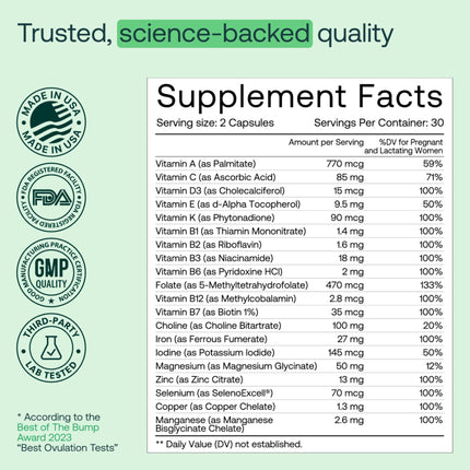 MIRA Prenatal Multivitamins for Women – Folate & Choline | 60 Capsules (30 Servings) | 1 Pack