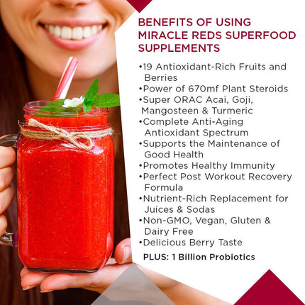 MacroLife Naturals Miracle Reds Superfood Powder – 19 Superfruits, Probiotics & Enzymes, 30oz (90 Servings)