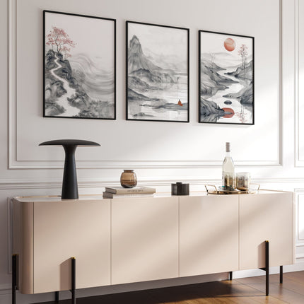 Modern Living Room Art | Set of 3 Asian Inspired Wall art Prints