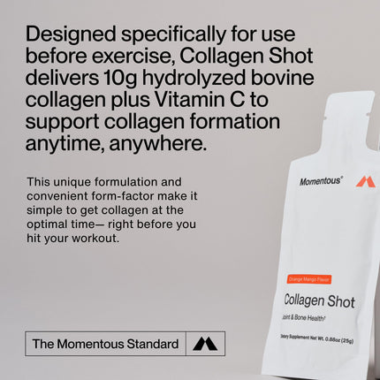 Momentous Collagen Shot - Hydrolyzed Collagen + Vitamin C, NSF Certified for Sport, Orange Mango, 15 Servings