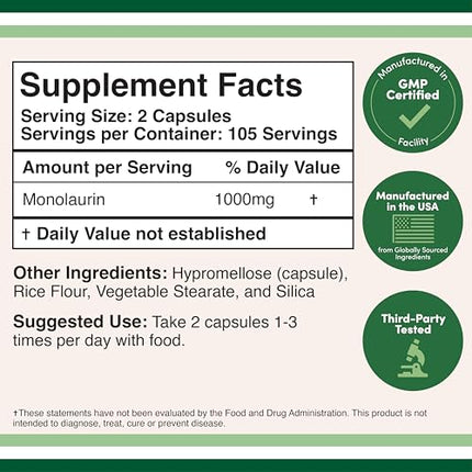 Double Wood Monolaurin Immune Support – 1,000mg per Serving, 210 Capsules (Vegan, Non-GMO, Gluten Free) – Pack of 2