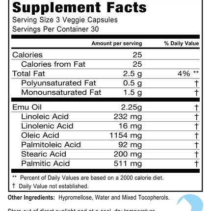 Montana Emu Ranch EMUtrients Omega Complex Emu Oil 750mg | Omega 3, 6, 7, 9 | 90 Veggie Caps