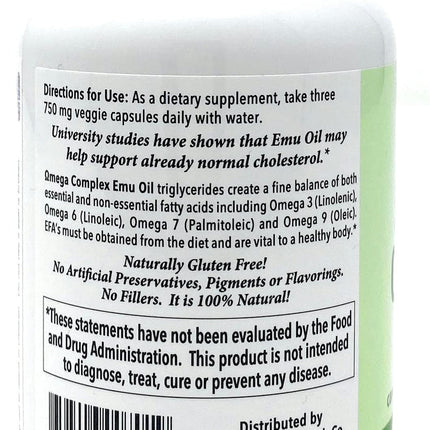 Montana Emu Ranch EMUtrients Omega Complex Emu Oil 750mg | Omega 3, 6, 7, 9 | 90 Veggie Caps