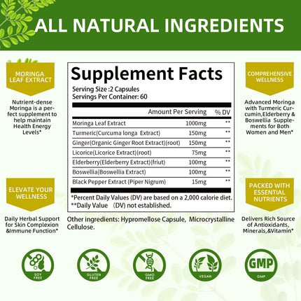 Mulittea Moringa Capsules 1000mg – 7-in-1 Turmeric, Ginger, Elderberry & Boswellia | 120 Vegan Capsules (2-Pack)
