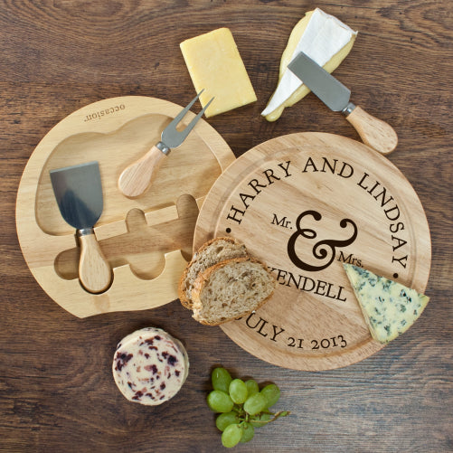 Personalised Couples Romantic Round Cheese Board with Knives