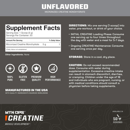 MTN OPS Creatine Monohydrate Powder, Unflavored 50 Serving Tub – 100% Pure Micronized