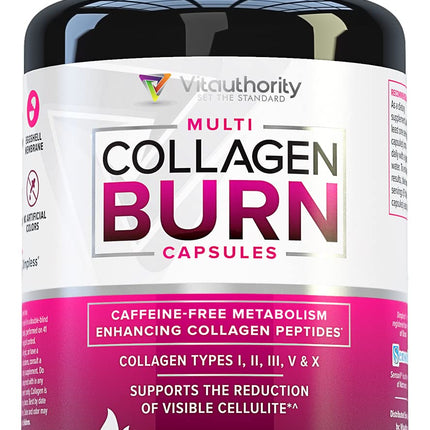 Vitauthority Multi Collagen Burn – 5 Types, Hyaluronic Acid, Vitamin C | Caffeine-Free Capsules