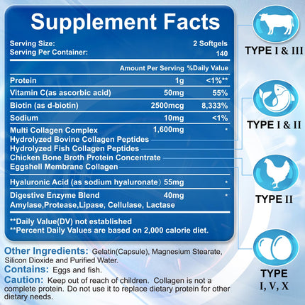 Multi Collagen Peptides with Hyaluronic Acid & Vitamin C – Skin, Hair & Nails | 280 Softgels | Non-GMO