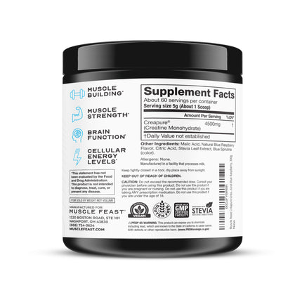 Muscle Feast Creapure Creatine Monohydrate Powder – Vegan, Gluten-Free, Keto Friendly – Natural Blue Raspberry, 300g