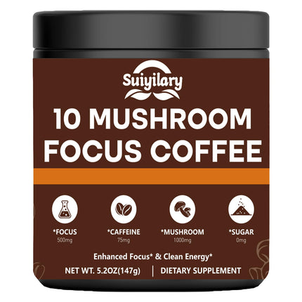 Mushroom Coffee with Focus - 10-Mushroom Extract Blend (147g, 21 Servings) | Lion's Mane