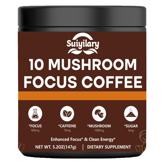 Mushroom Coffee with Focus - 10-Mushroom Extract Blend (147g, 21 Servings) | Lion's Mane